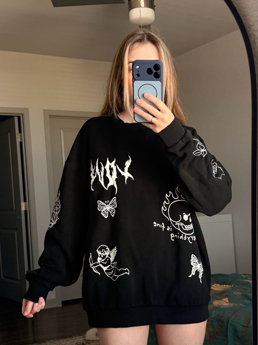 Black Graphic Oversized Sweater with White Prints
